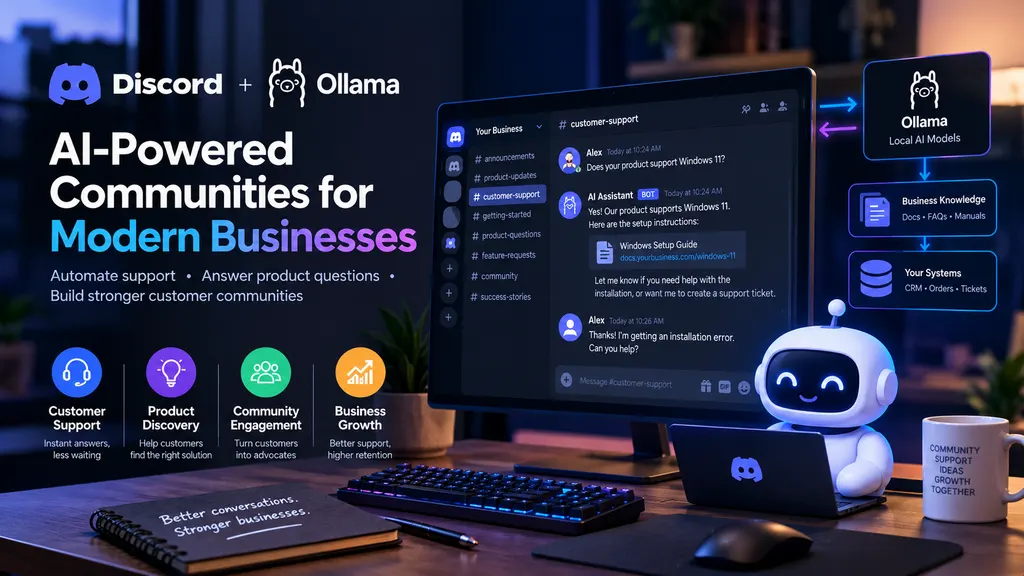 Discord-style community interface connected to a local AI assistant, clean dark technology aesthetic
