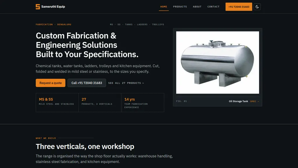 Samsruthi Equip fabrication website with mild steel and stainless steel tanks, ladders and trolleys
