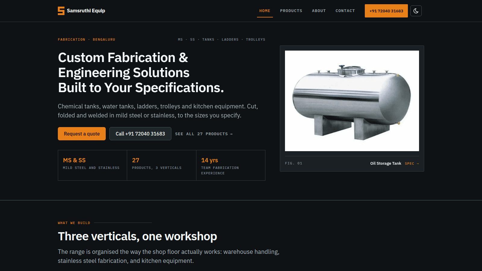 Samsruthi Equip custom fabrication website — MS and SS tanks, ladders and trolleys